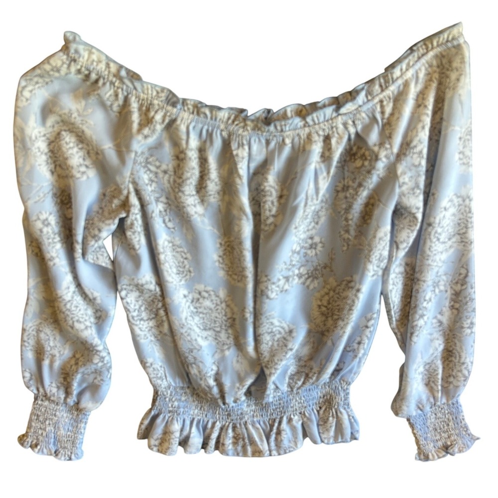 No Comment NY-LA Off-Shoulder Floral Peasant Blouse Smocked Blue Size M - Picture 6 of 8